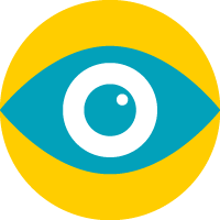 A stylized teal and yellow eye